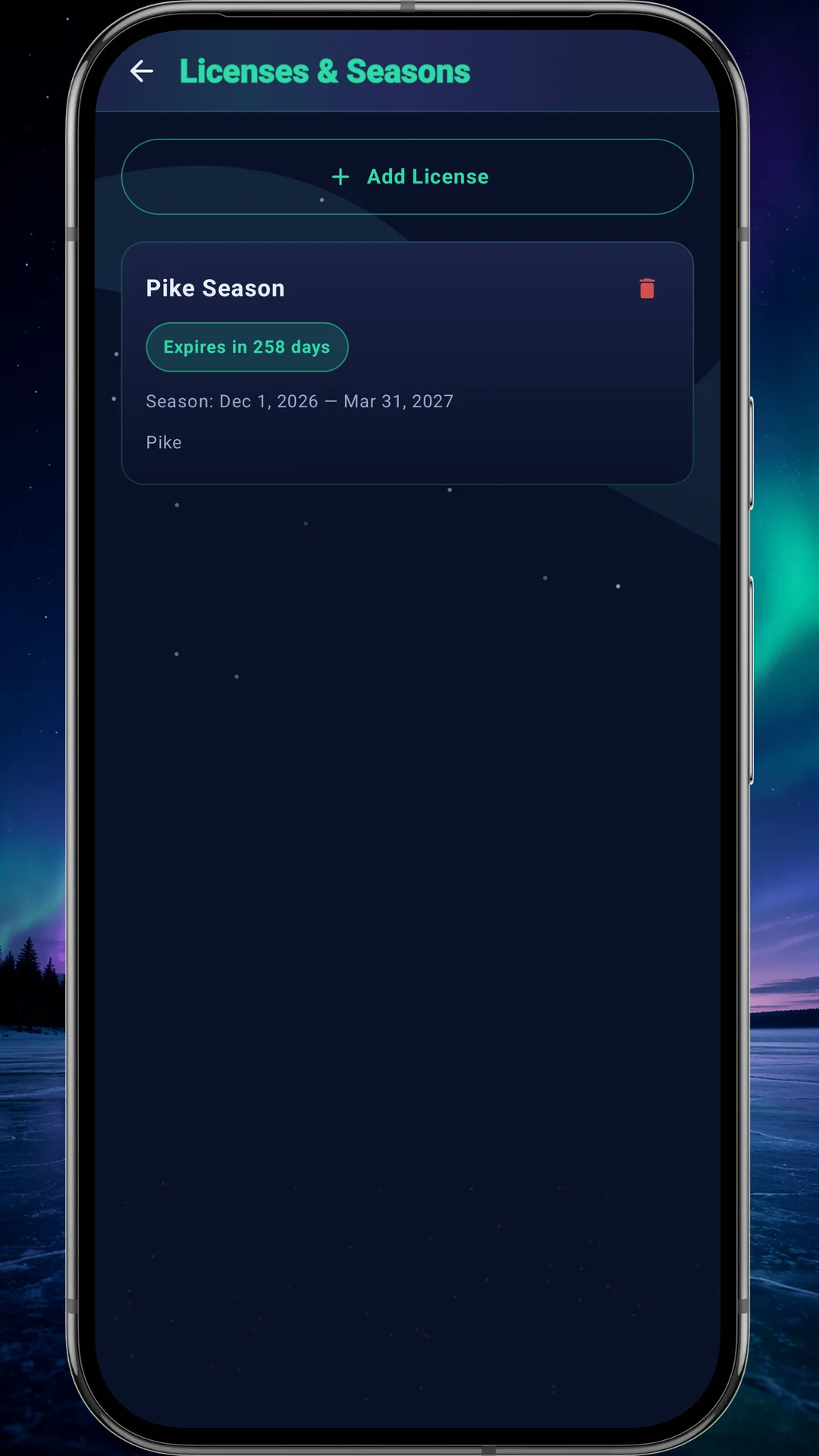 Licenses and Seasons screen showing a Pike Season entry expiring in 258 days