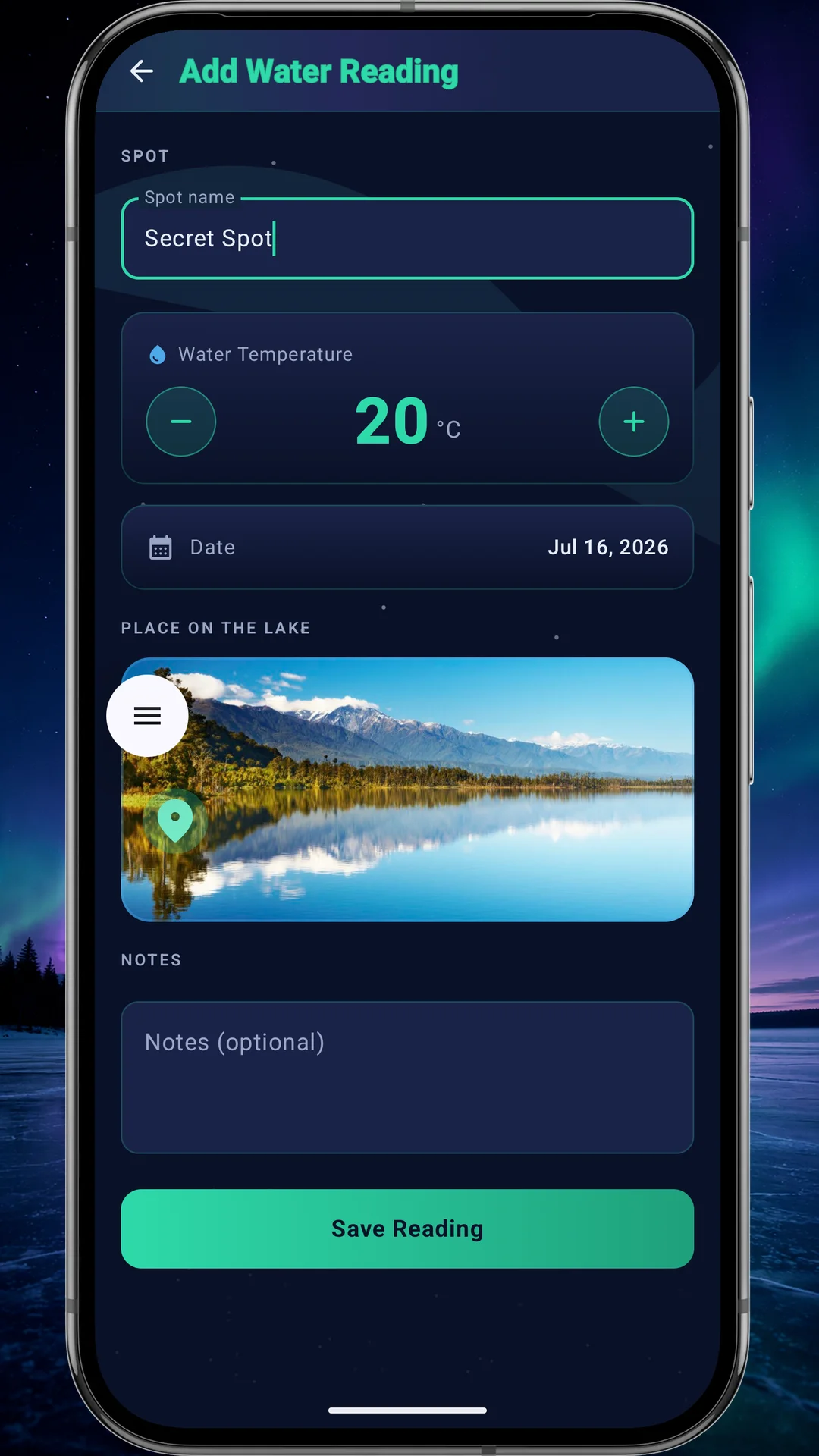 Add Water Reading form with spot name, water temperature 20°C, date and location on the lake